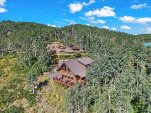 Log cabin residence featuring a multi-level deck, pitched roofline, large window array, and surrounding mature trees