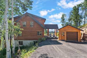 Wood-sided residence featuring a covered carport, detached garage, and an asphalt driveway