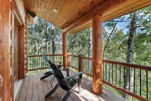 Expansive wood deck with exposed log posts and railings, offering tree canopy surroundings