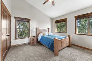 Spacious room featuring vaulted ceilings, light-toned walls, and plush carpeting
