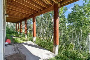 Covered patio featuring a concrete surface, exposed wood ceiling, and log support columns