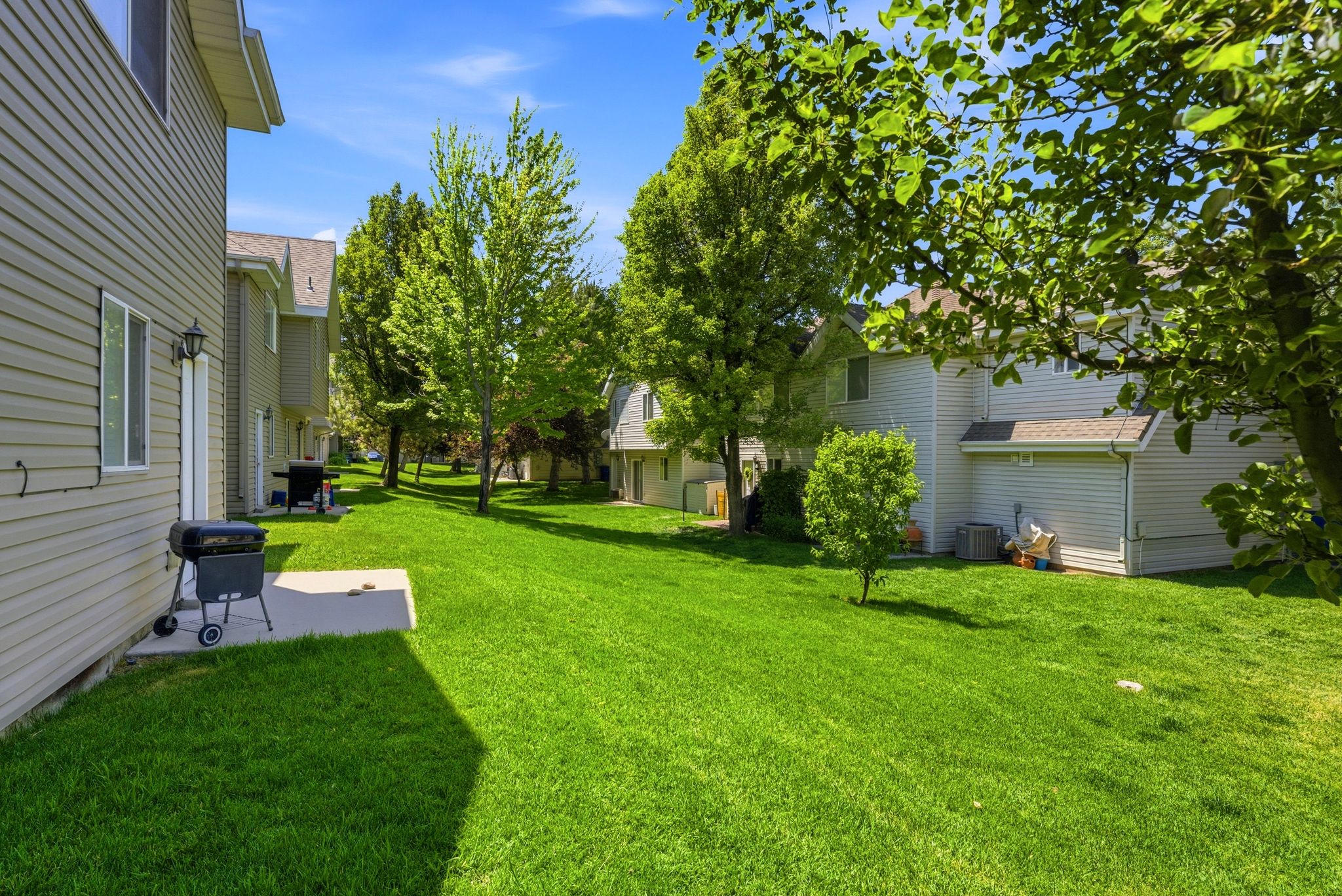 Expansive green space featuring mature trees and a concrete patio