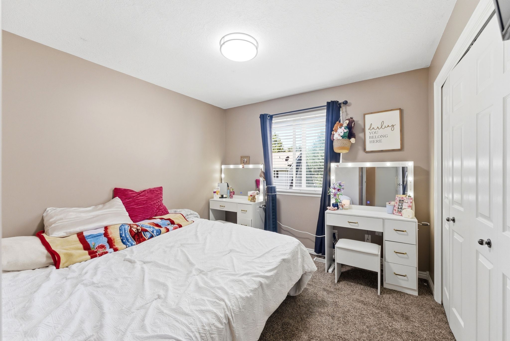 Carpeted room with a double-pane window, white blinds, and a flush-mount ceiling light fixture