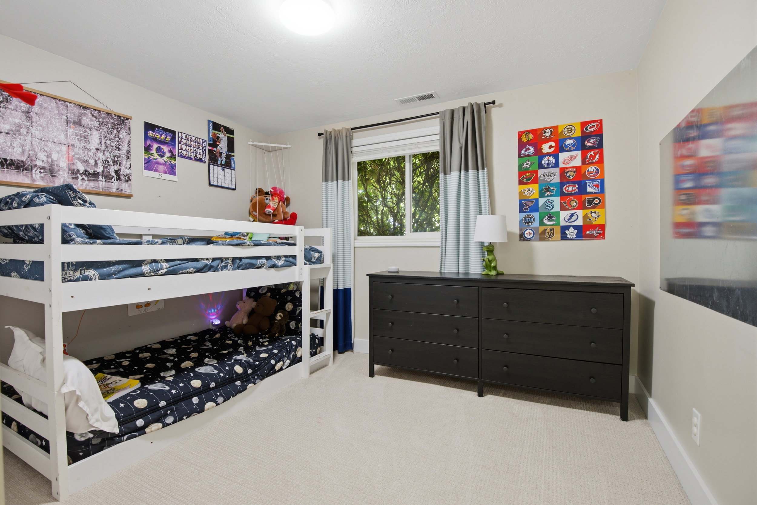 Carpeted room featuring a double-pane window, neutral wall paint, and a surface-mounted light fixture
