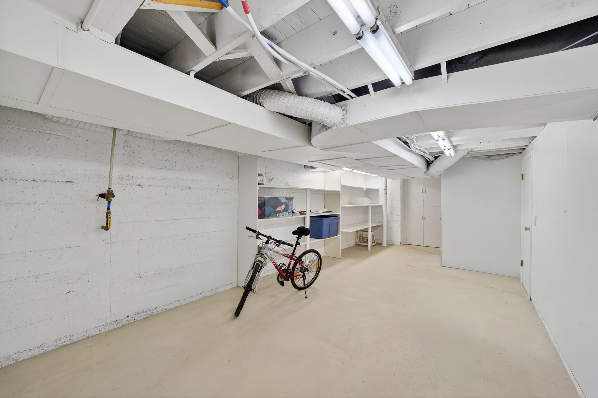 Spacious utility room featuring white painted concrete walls, painted concrete flooring, extensive built-in shelving, white ceiling beams, and fluorescent lighting fixtures