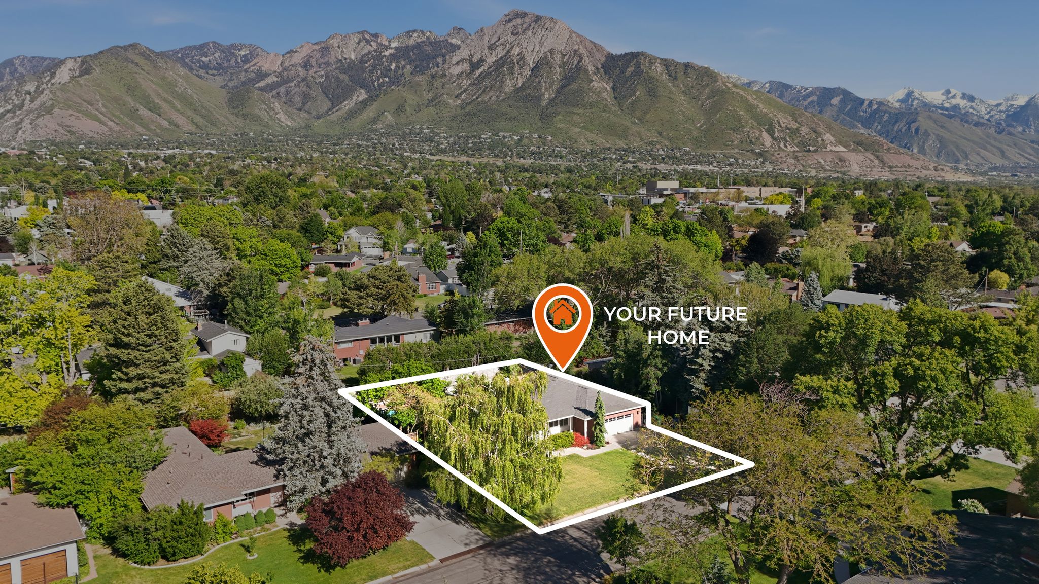 Single-story residence with a pitched roof, attached garage, mature front yard landscaping, and a paved driveway, surrounded by established neighborhood trees and distant mountains