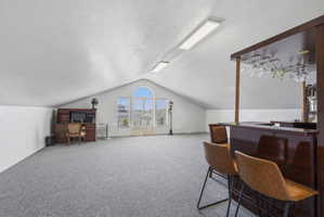 Spacious bonus room featuring a built-in bar with overhead glass rack, vaulted ceilings, and a multi-panel window with an arched transom