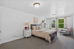 Bright bedroom featuring two windows with natural light, textured carpeting, white baseboards, and two flush mount ceiling lights