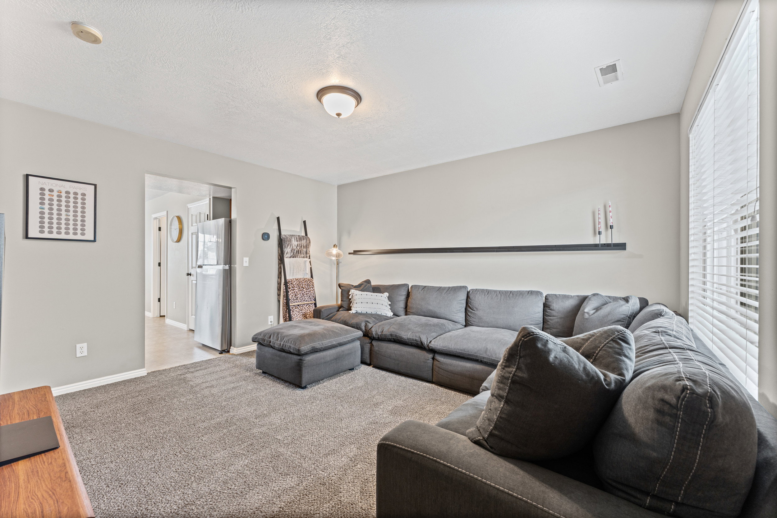 Carpeted living area featuring light neutral wall tones and a ceiling-mounted light fixture