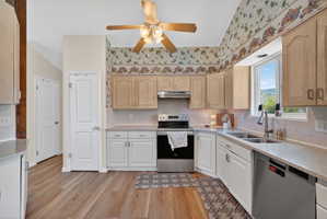 Kitchen featuring wood-finish flooring, vaulted ceilings, a ceiling fan with integrated lighting, stainless steel appliances, and a double basin sink