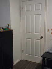 White paneled interior door with a chrome handle, complemented by light gray walls and dark gray carpeting