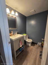 Bathroom featuring a gray vanity with an integrated white sink, wood-finish flooring, and a white toilet