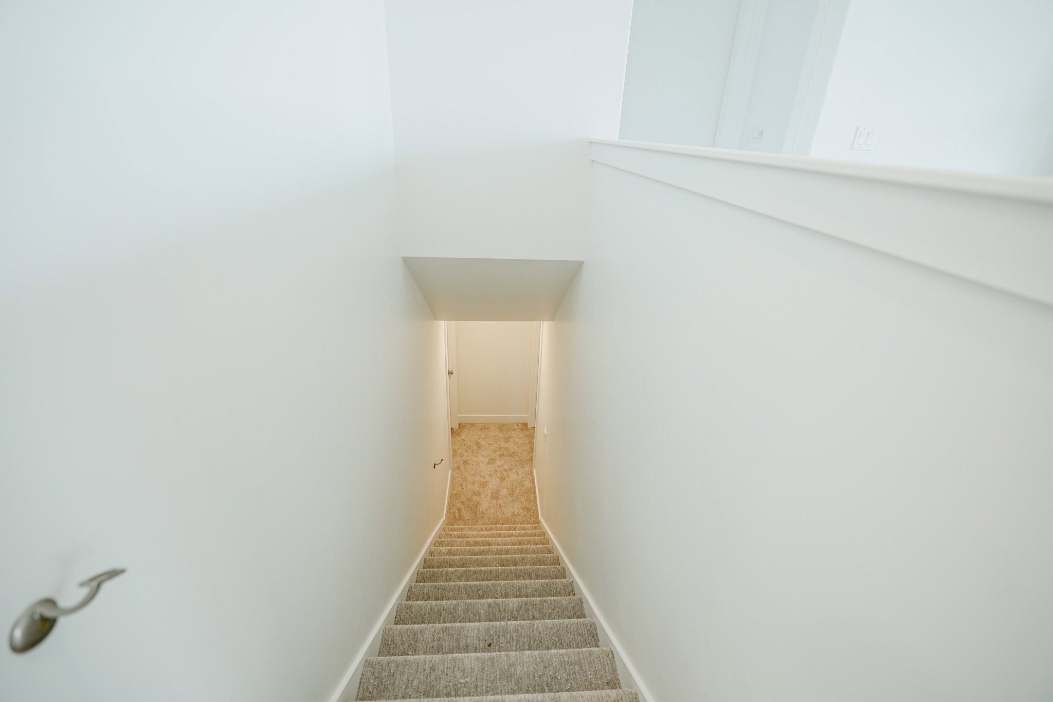 Carpeted staircase with light-toned walls and a modern brushed nickel handrail