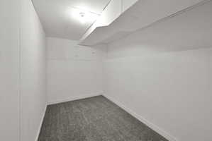 Finished interior room with neutral carpeting and a ceiling-mounted light fixture