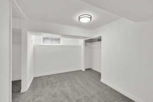 Room featuring new light gray carpet flooring, white painted walls and trim, a modern flush-mount ceiling light fixture, and a built-in closet with hanging rod