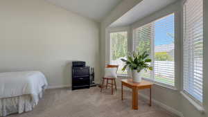Room featuring a bay window with multiple panes, light-colored walls, sloped ceiling, light-toned carpeting, and white trim