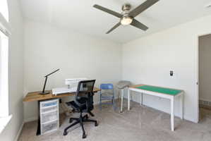 Spacious room featuring neutral carpeting, white walls, and a ceiling fan with integrated lighting