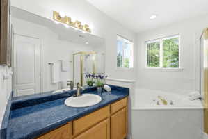 Bathroom featuring a soaking tub, dual windows with blinds, a shower enclosure, and a vanity with an integrated sink and wood-finish cabinetry