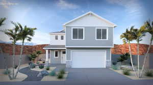Contemporary two-story exterior with light blue and white siding, stone veneer accents, and a prominent two-car garage
