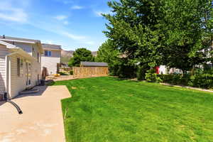 Expansive green lawn with mature trees and a concrete patio
