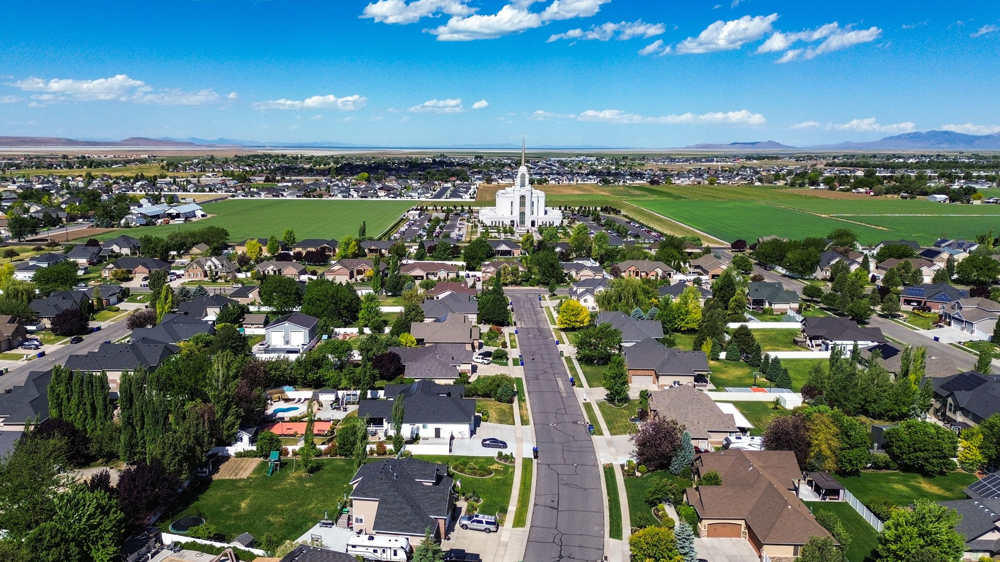 Aerial perspective showcasing a residential neighborhood with diverse housing styles