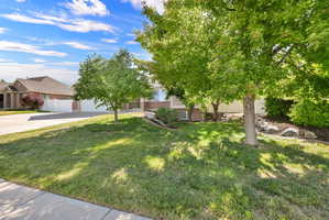 Front yard featuring mature trees, landscaped rock beds, and a manicured lawn