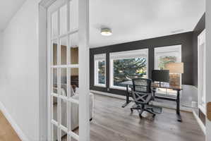 Room with light wood-finish flooring and dark accent walls