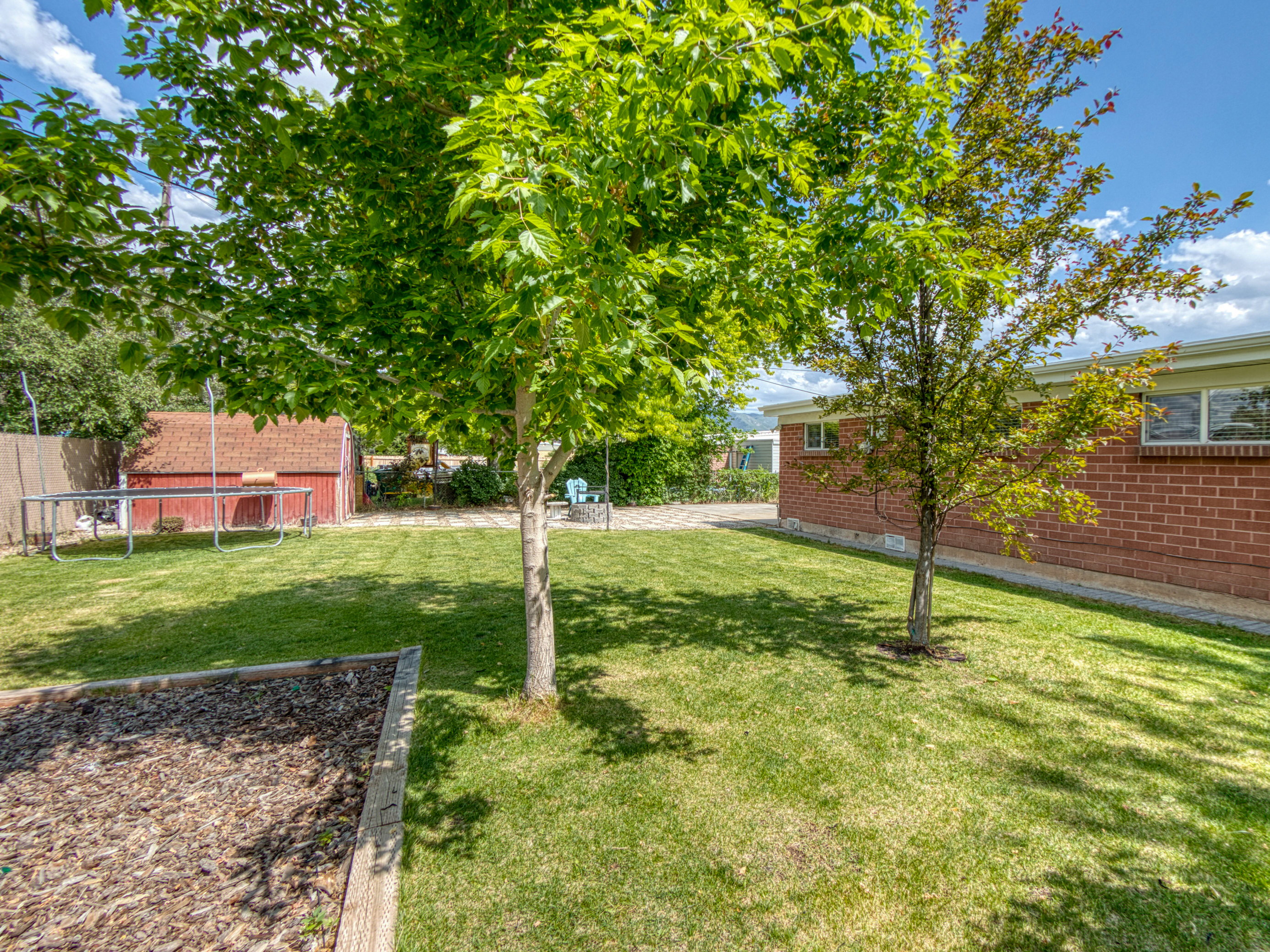 Expansive green lawn with mature trees and a wood-chipped garden bed