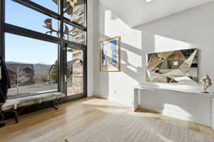 Grand entry featuring a tall door with multiple large glass panels, light wood-finish flooring, and a stone accent wall