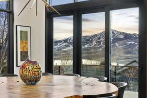 Expansive windows framing mountain and distant water scenery