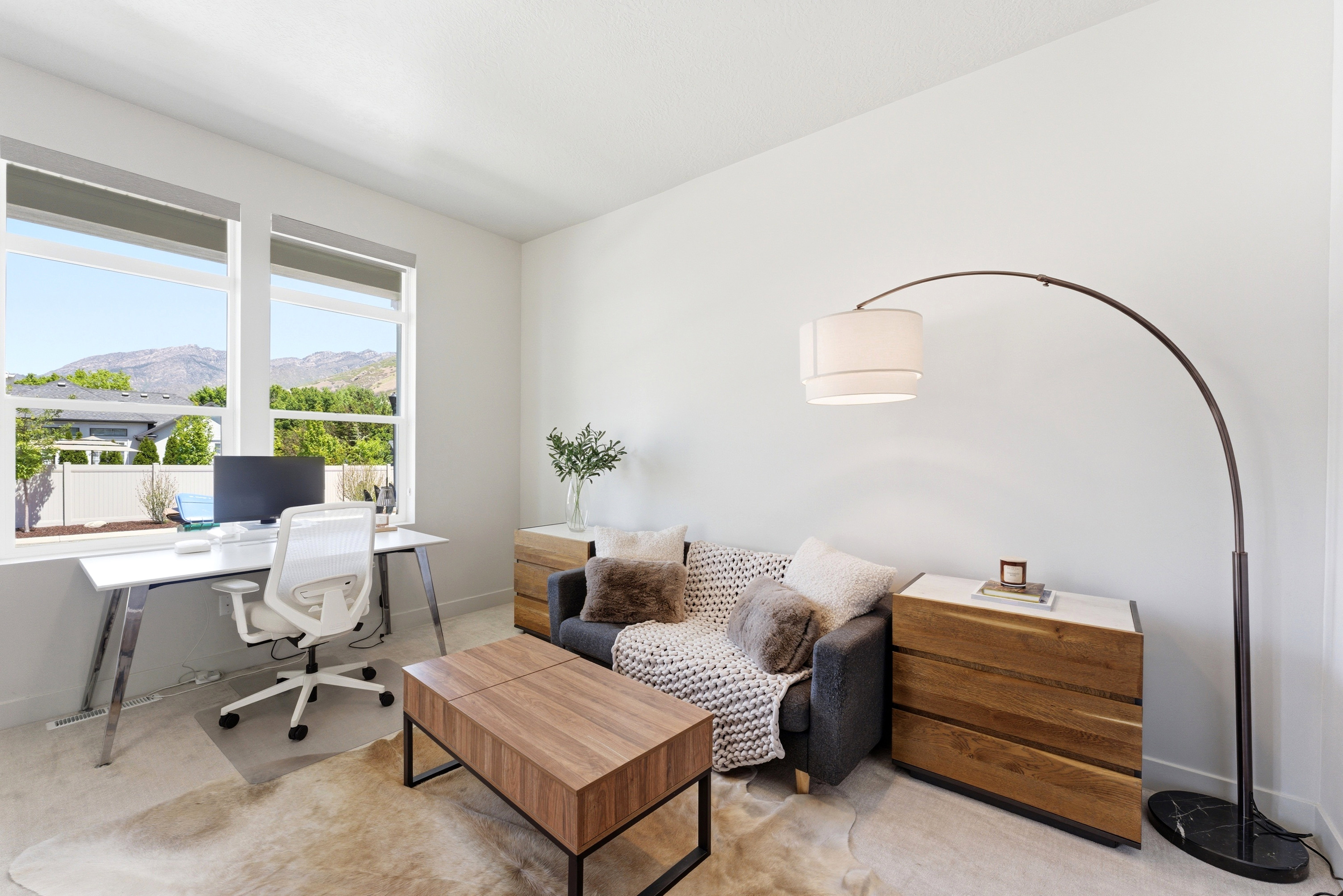 Bright room with large windows, light neutral wall paint, and soft carpet flooring