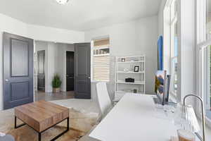 Bright room featuring large windows, white walls, and dark interior doors