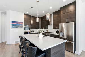 Modern kitchen featuring a large white countertop island, dark wood-finish cabinetry, stainless steel appliances, and wood-finish flooring