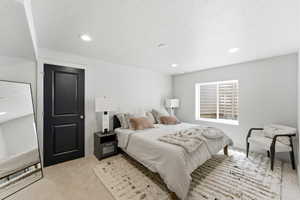 Recessed lighting illuminates a space featuring a contrasting black paneled door, a single egress window, and light-colored carpeting