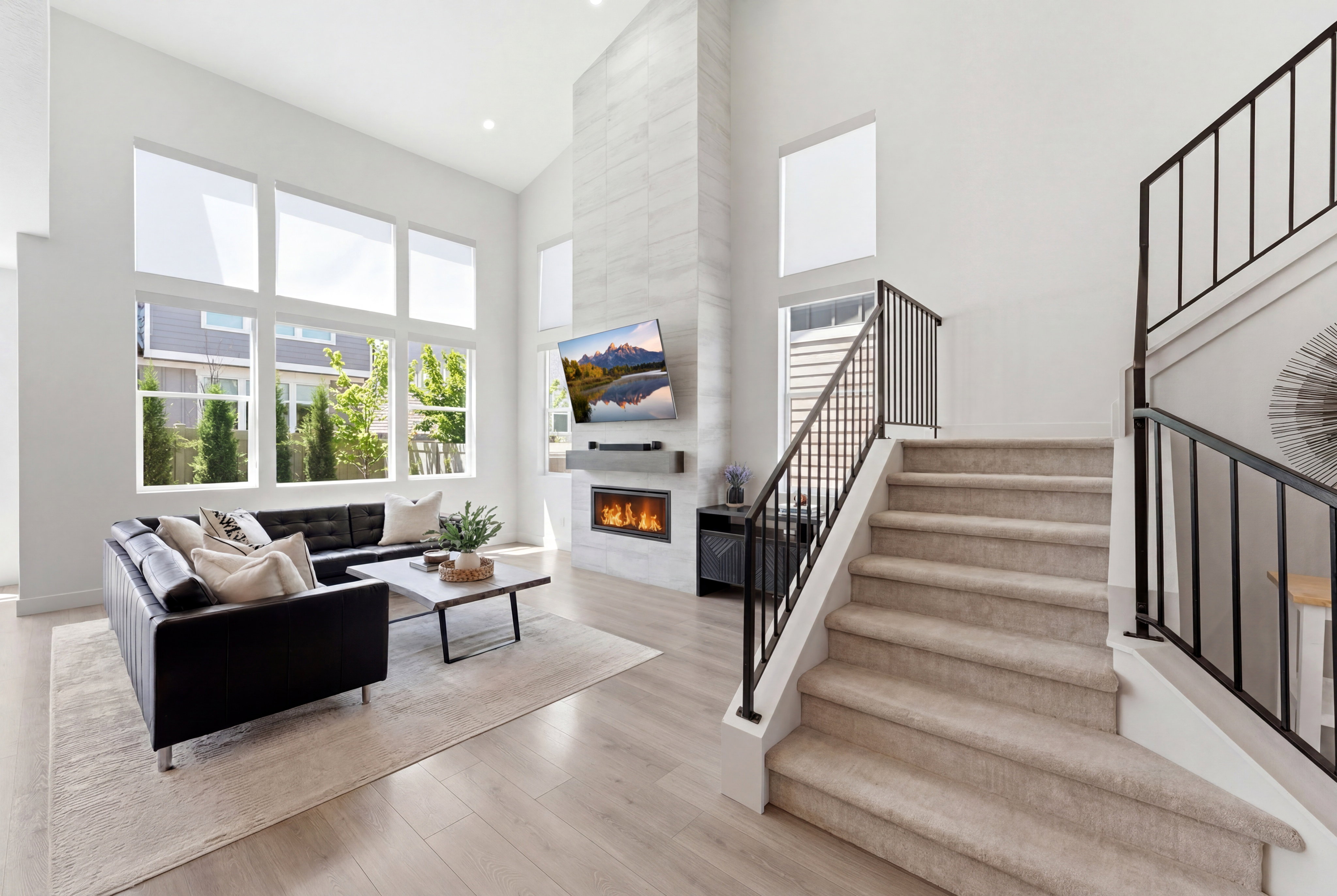 Living room featuring a two-story ceiling, a fireplace with a light-toned tile surround, and multiple tall windows