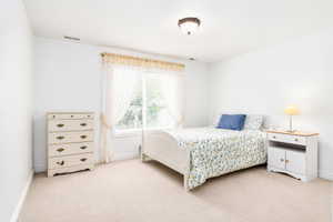 Bright bedroom with neutral wall paint and plush carpet flooring