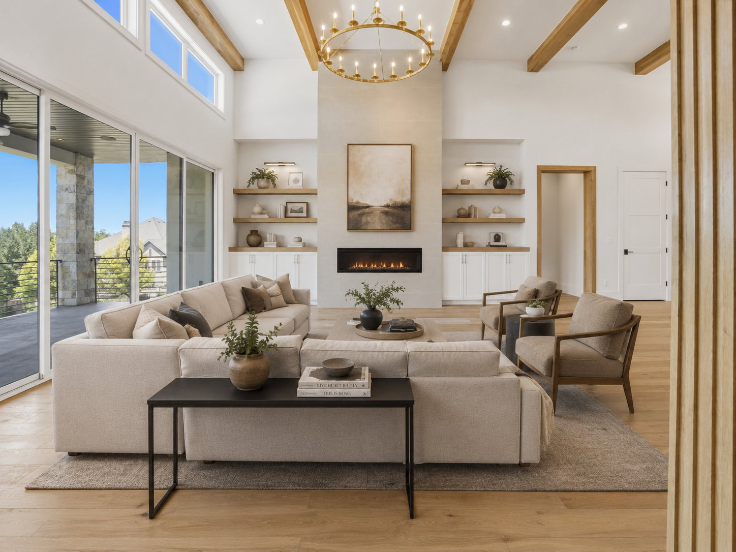 Vaulted ceiling living space with exposed wood beams and a large circular chandelier AI Decor