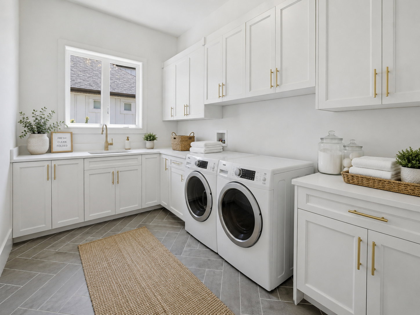 Spacious laundry area featuring white shaker-style cabinetry, gold-tone hardware, and light-toned countertops