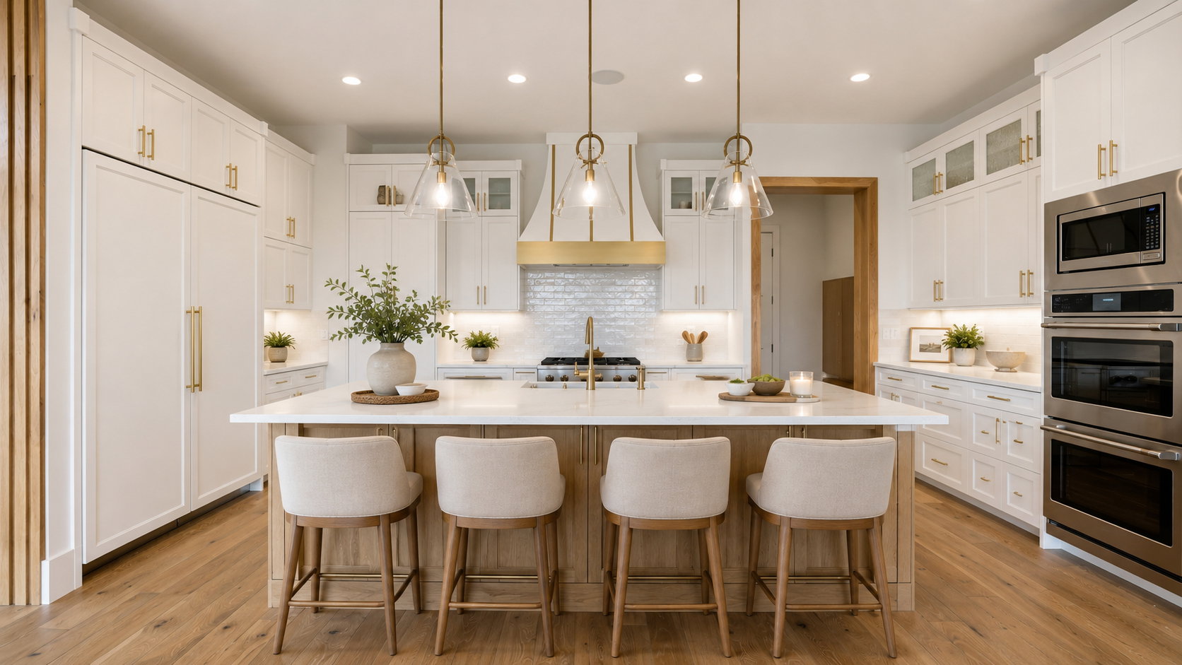 Gourmet kitchen featuring a large central island, light wood-finish flooring, white cabinetry with gold-finish hardware, stainless steel appliances, and pendant lighting fixtures AI Decor