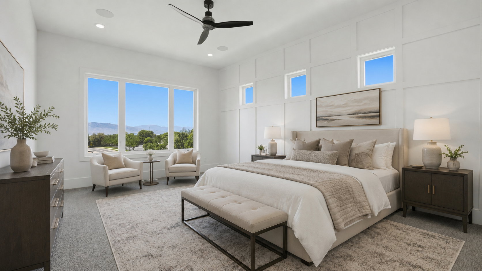 Expansive white-paneled accent wall with multiple transom windows AI Decor