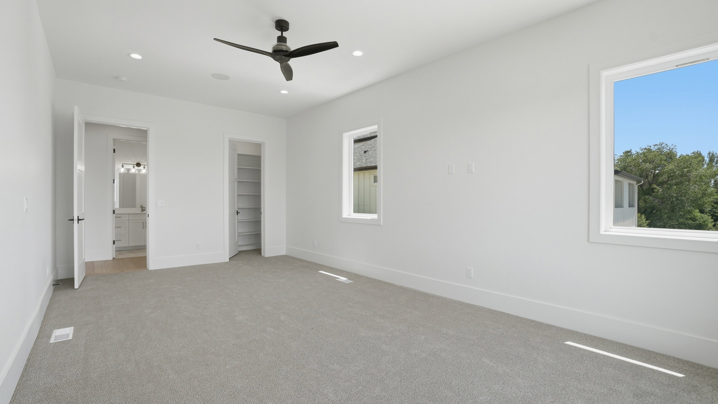 Spacious room featuring light-toned carpeting, white walls, and two large windows