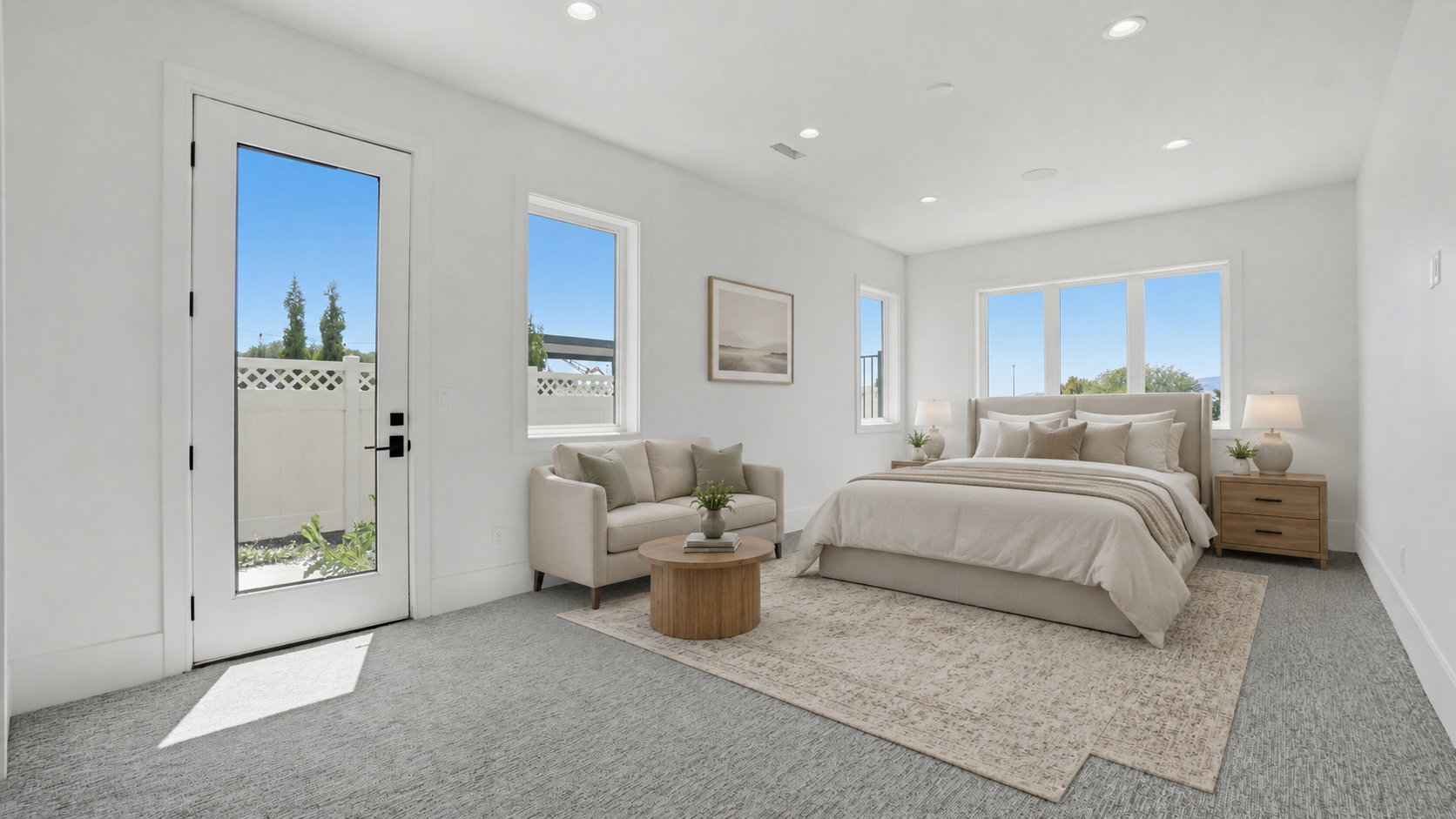 Spacious room featuring light-colored carpeting, recessed lighting, and a full-light panel door