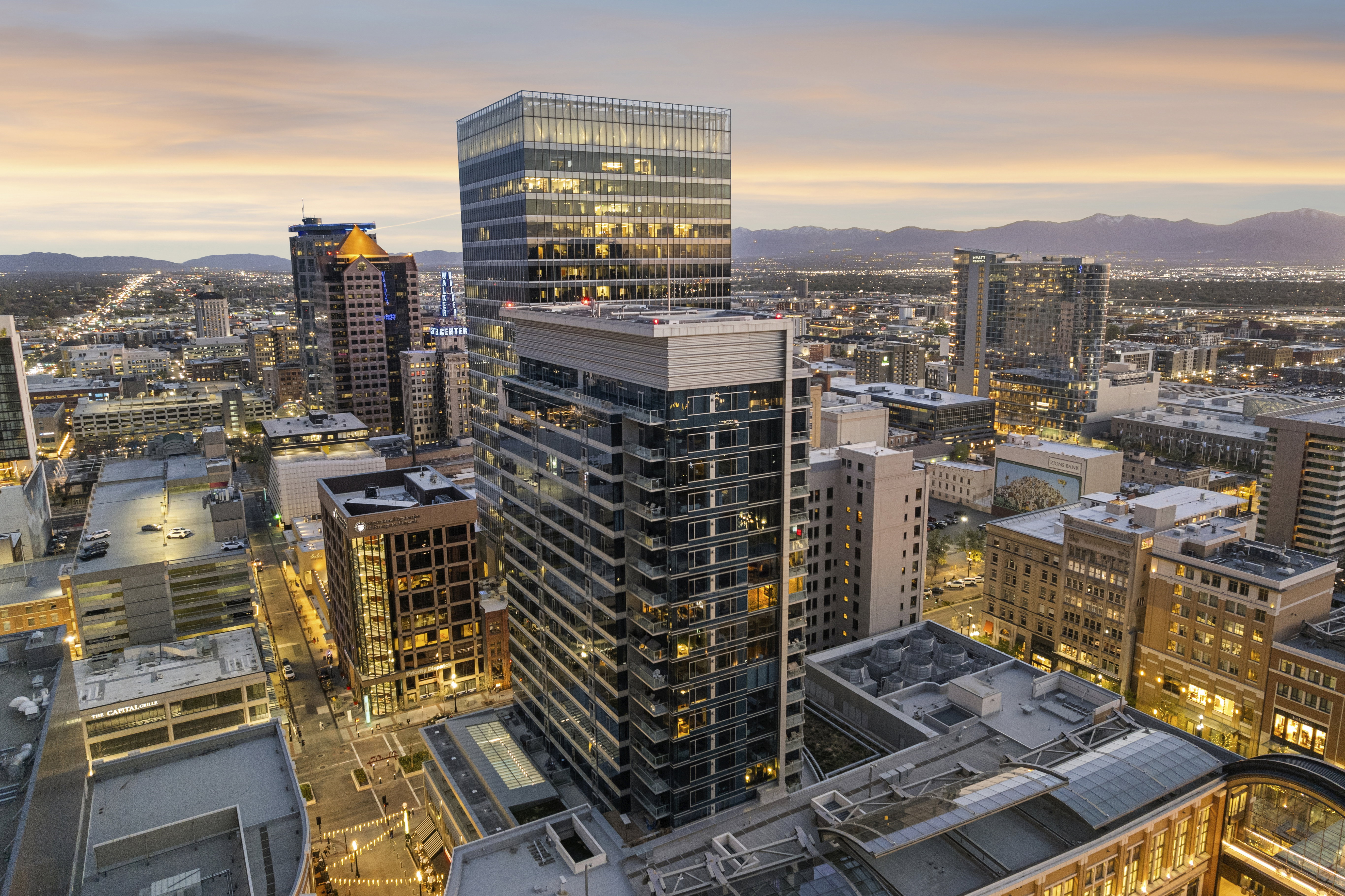 Urban cityscape featuring high-rise buildings and commercial structures