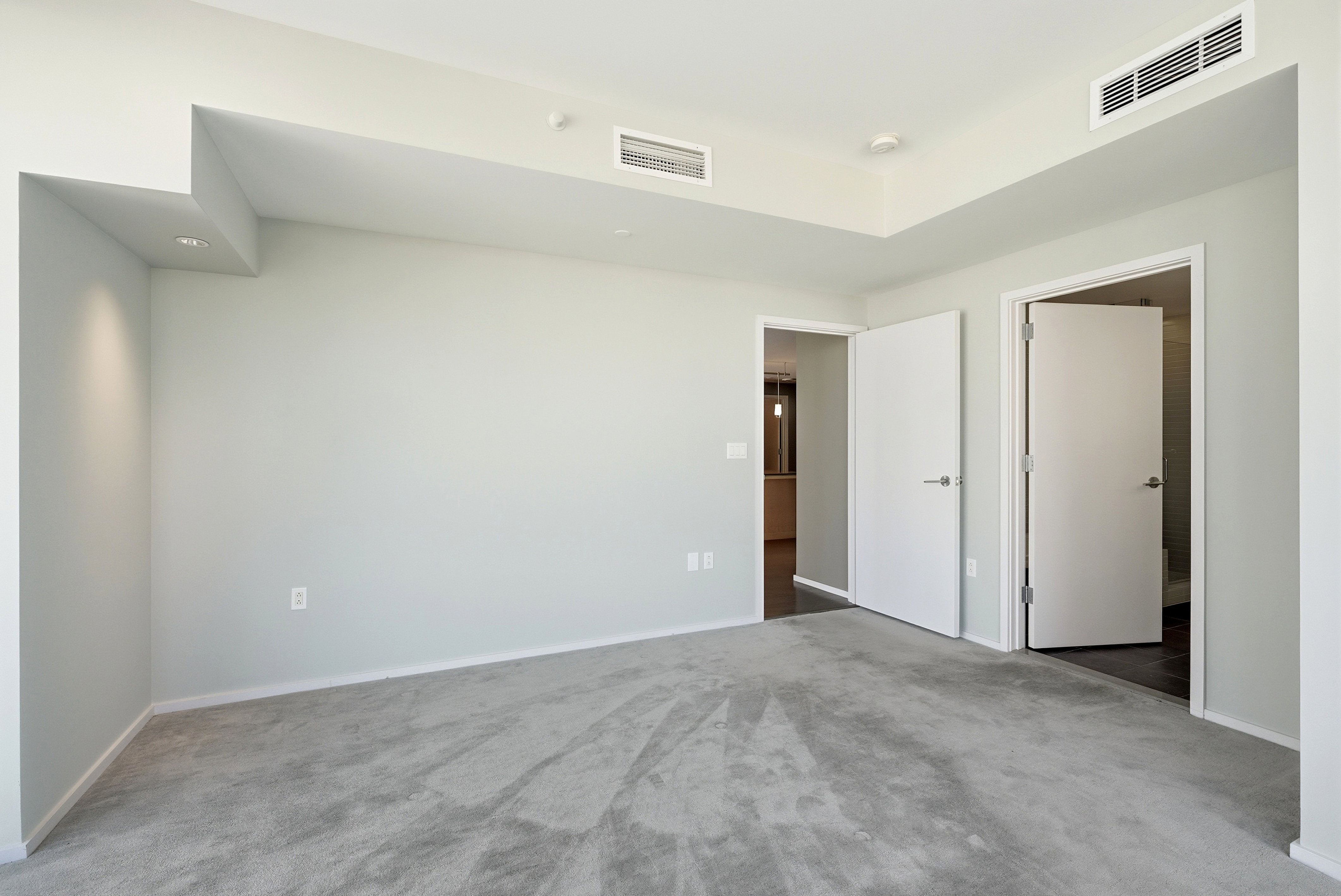 Spacious interior room featuring light gray walls, gray carpet flooring, recessed ceiling lighting, and two white panel doors