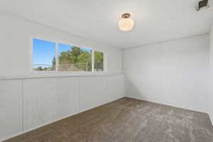 Bright room featuring a large horizontal window, white paneled walls, and neutral-toned carpet flooring