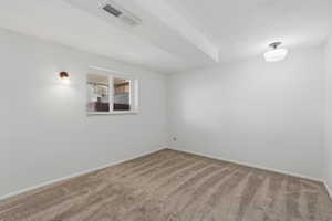 Carpeted room with a white window, a wall-mounted sconce, and a flush-mount ceiling light