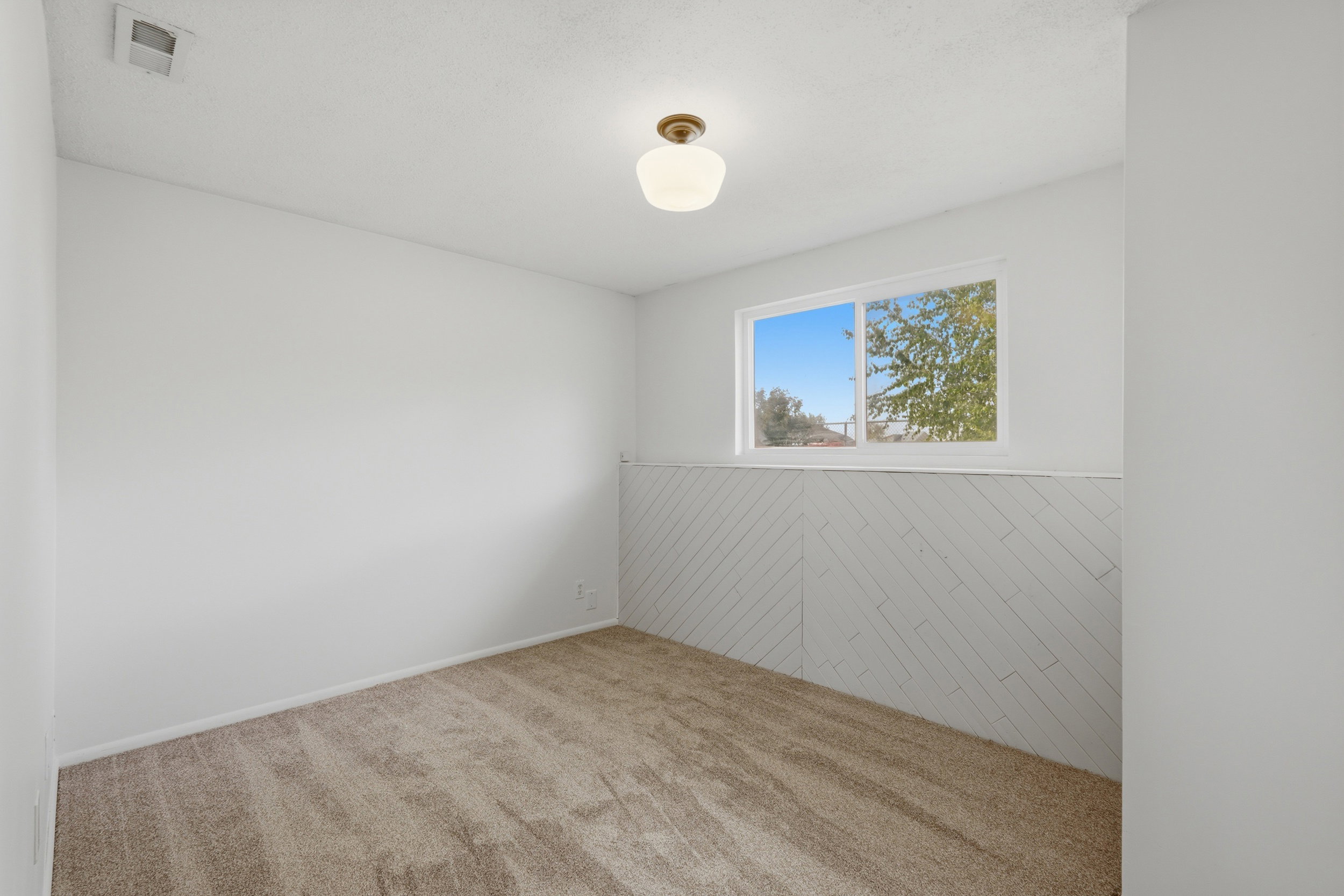 Bright room featuring a window, textured wall paneling, neutral carpet, and a ceiling-mounted light fixture