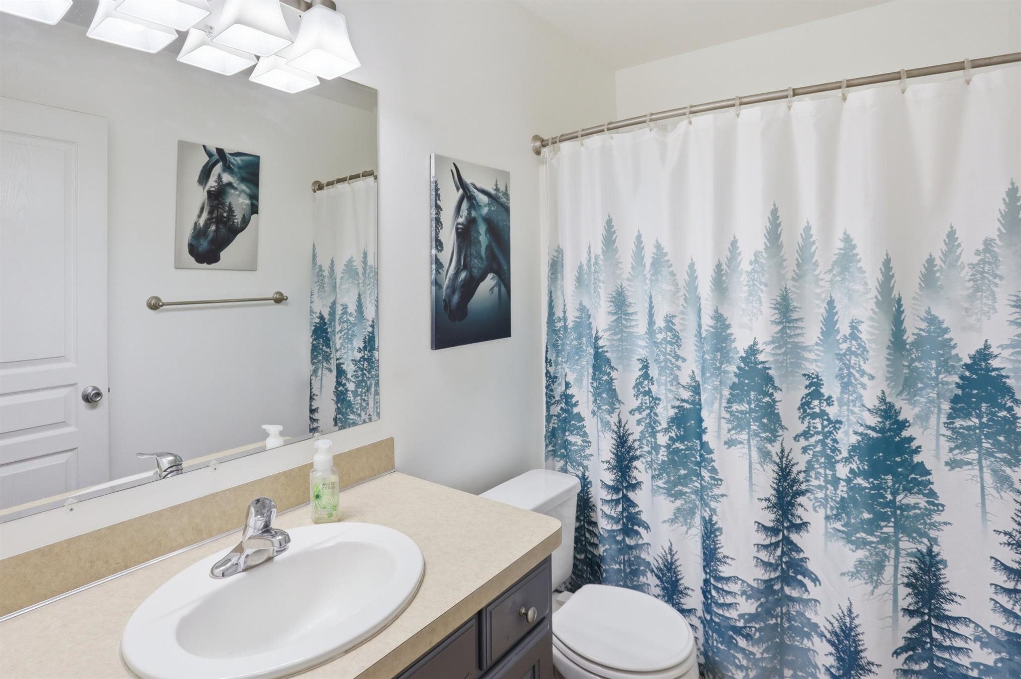 Main Bathroom featuring a light-colored countertop with an oval undermount sink and a dark-finish vanity cabinet