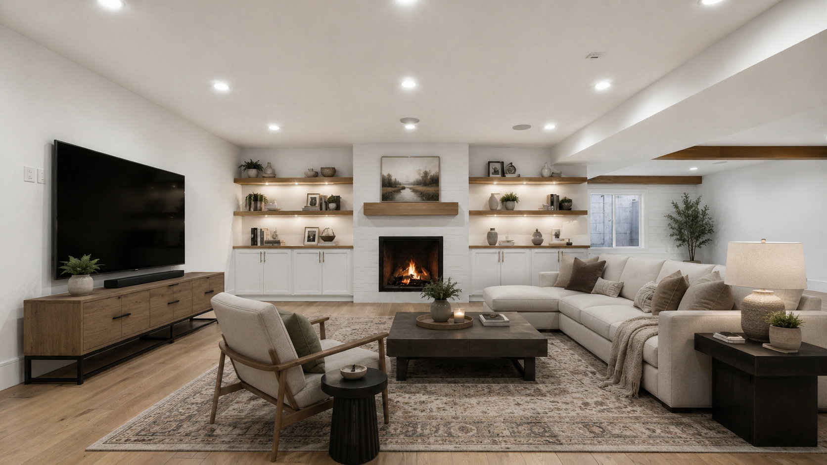 Living space featuring a white brick fireplace with a wood mantle, built-in cabinetry, and wood-finish flooring