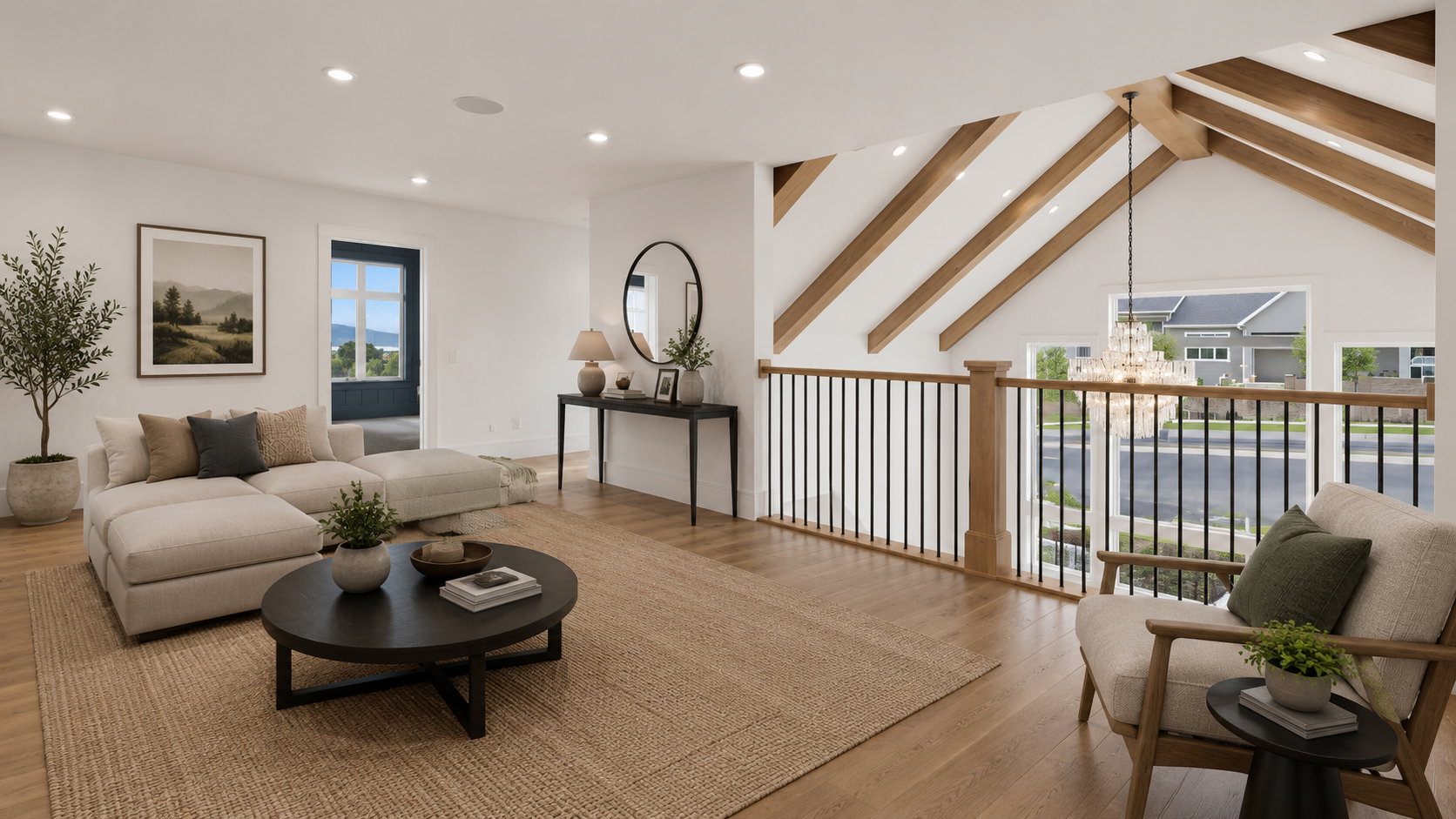 Open concept living area with wood-finish flooring, recessed lighting, and a vaulted ceiling featuring exposed wood beams